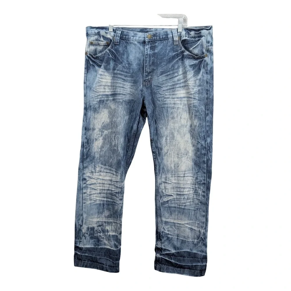 Indigo-30‎ Acid Wash Denim Jeans Men's 40x32 Blue Embellished Relaxed Fit Grunge